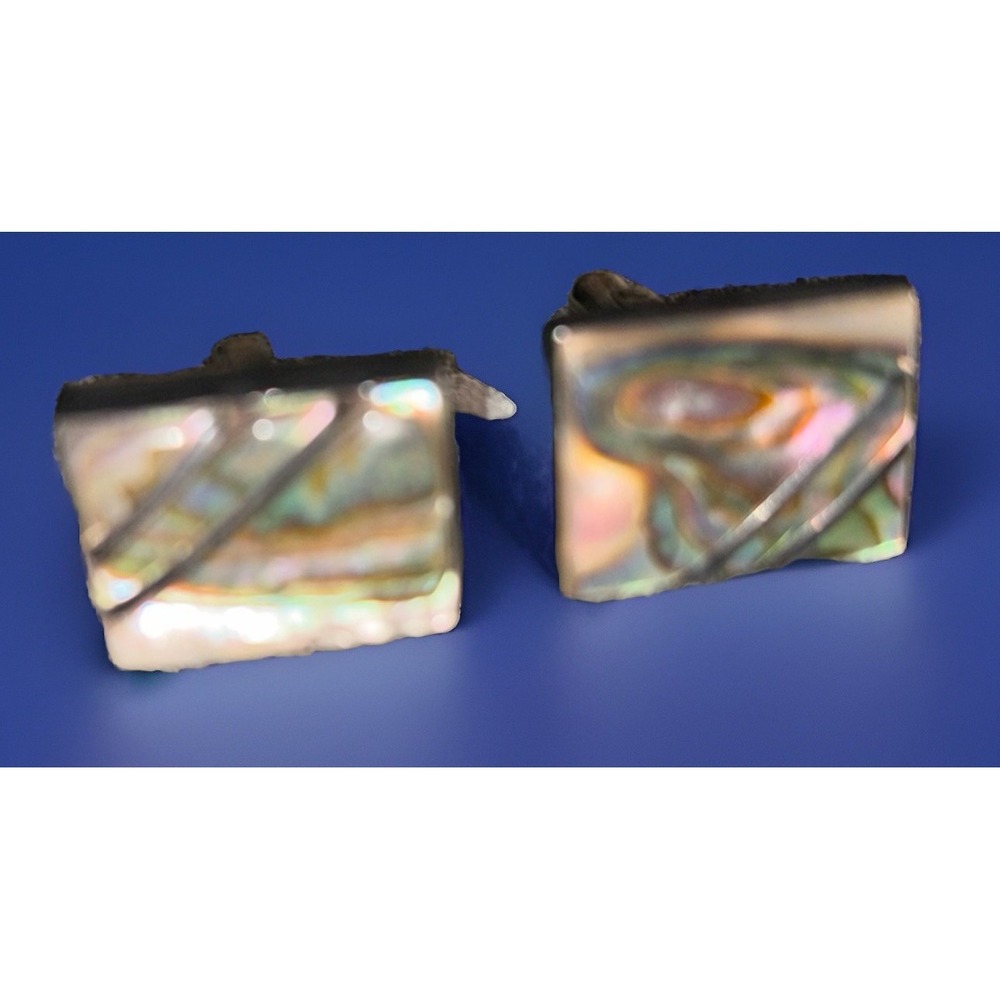 Vintage 925 Sterling Silver Abalone Shell Cufflinks Mid Century‎ Modern Mens
